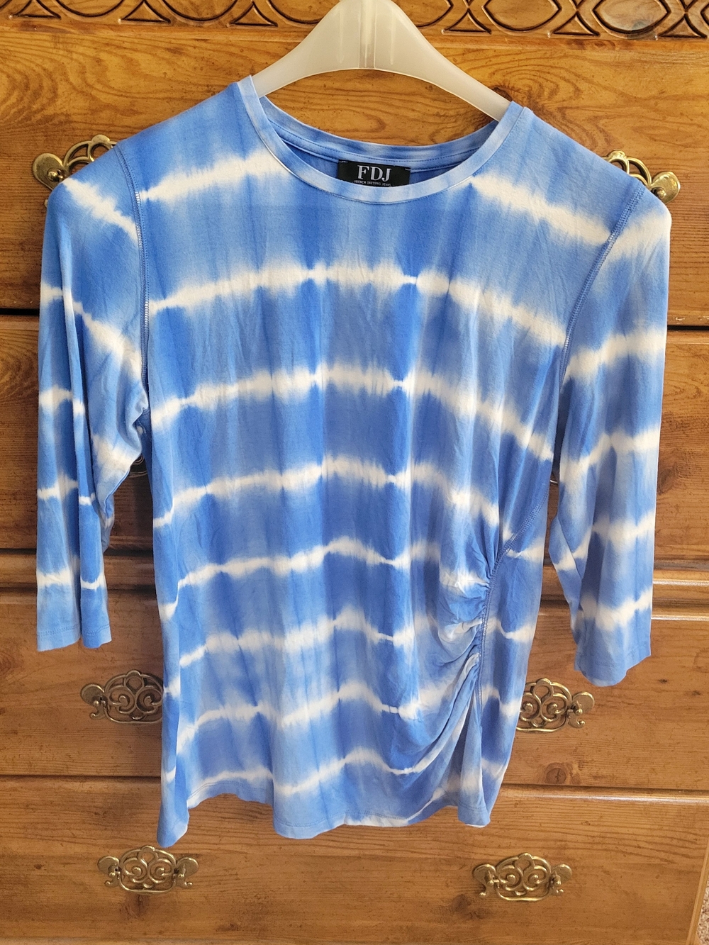 FDJ Blue Tie-Dye Ruched Long Sleeve Tee Women's LG